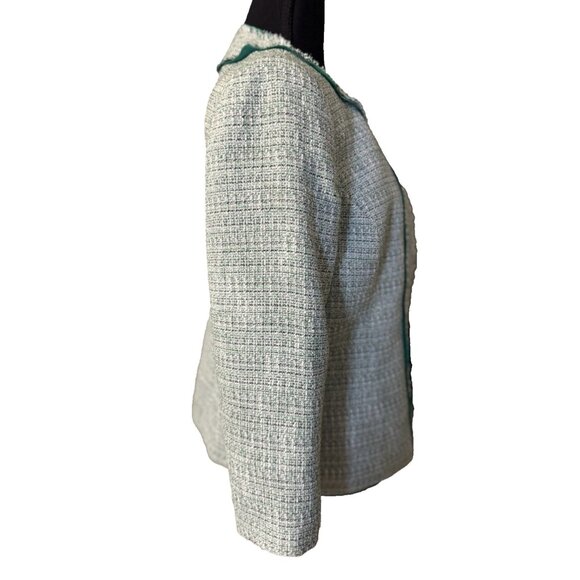Kasper Tweed Blazer Jacket 10 Preppy Green White Gold Metallic Open Front - Picture 12 of 15